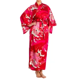 Silk Crane Print Long Red Japanese Kimono