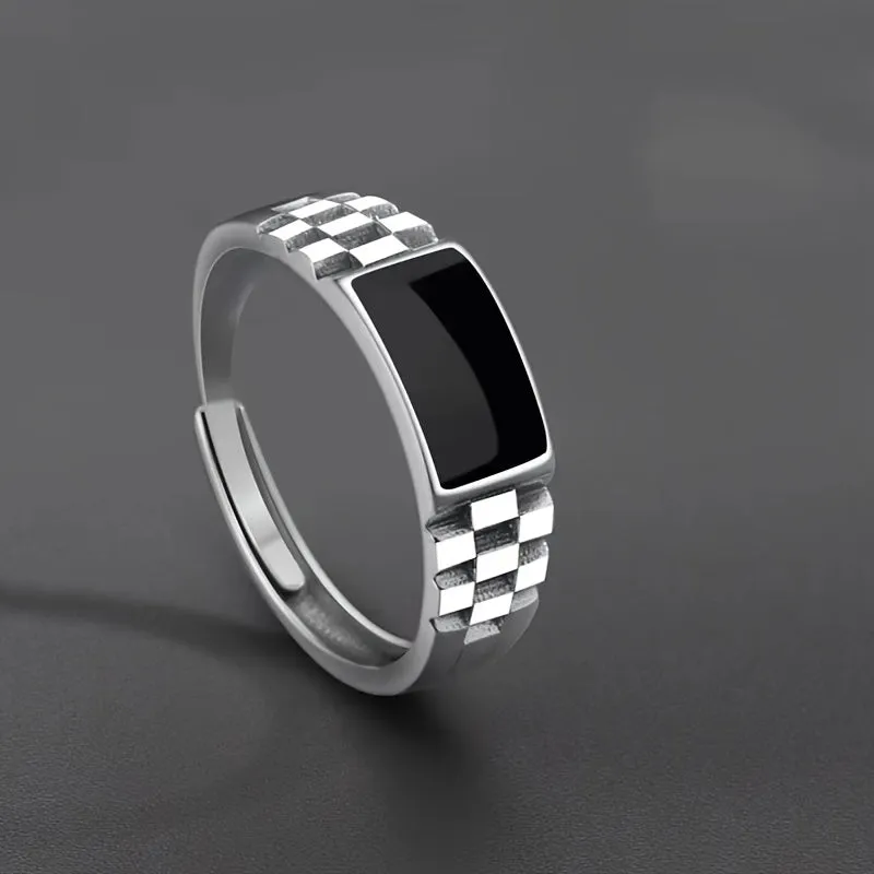 Stylish Vintage Checkered Ring for Men Adjustable Jewelry Accessory