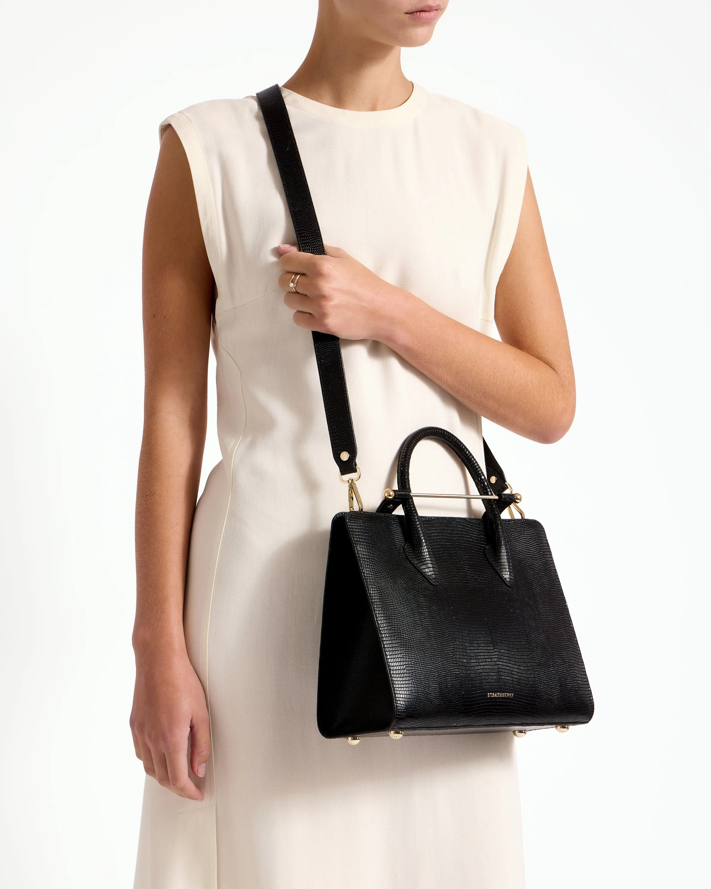 The Strathberry Midi Tote - Lizard-Embossed Leather Black