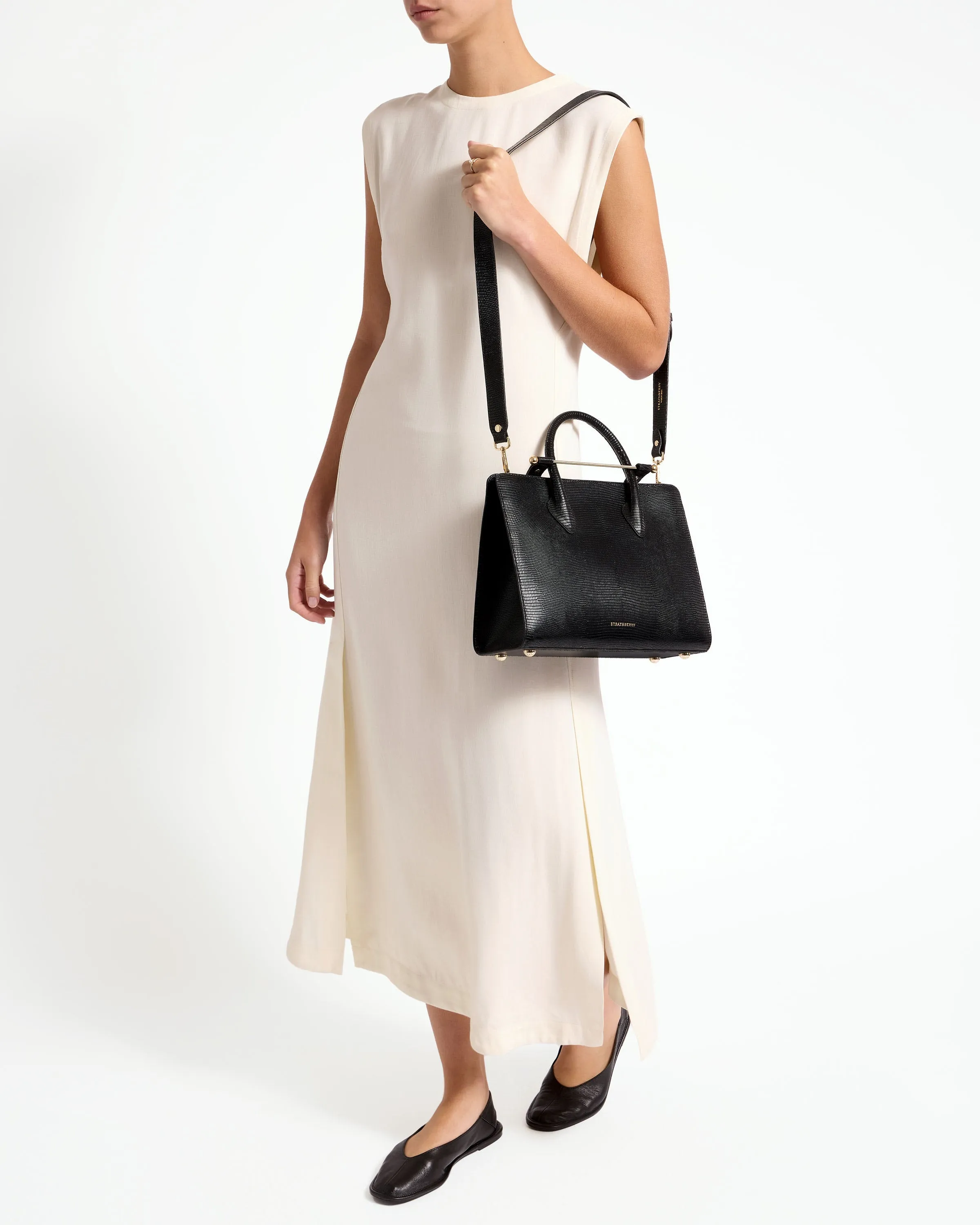 The Strathberry Midi Tote - Lizard-Embossed Leather Black