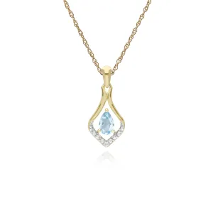 Topas Halskette, 9 Karat Gelbgold Rund Blue Topas & Diamant Klassisch Blatt Anhänger an 45cm Kette