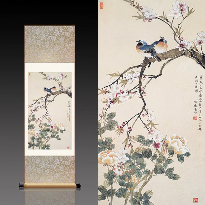 Traditional Chinese Paiting Reproduction Flower and Bird「Peace and Prosperity」Silk Scroll Hanging Painting Wall Decoration Art