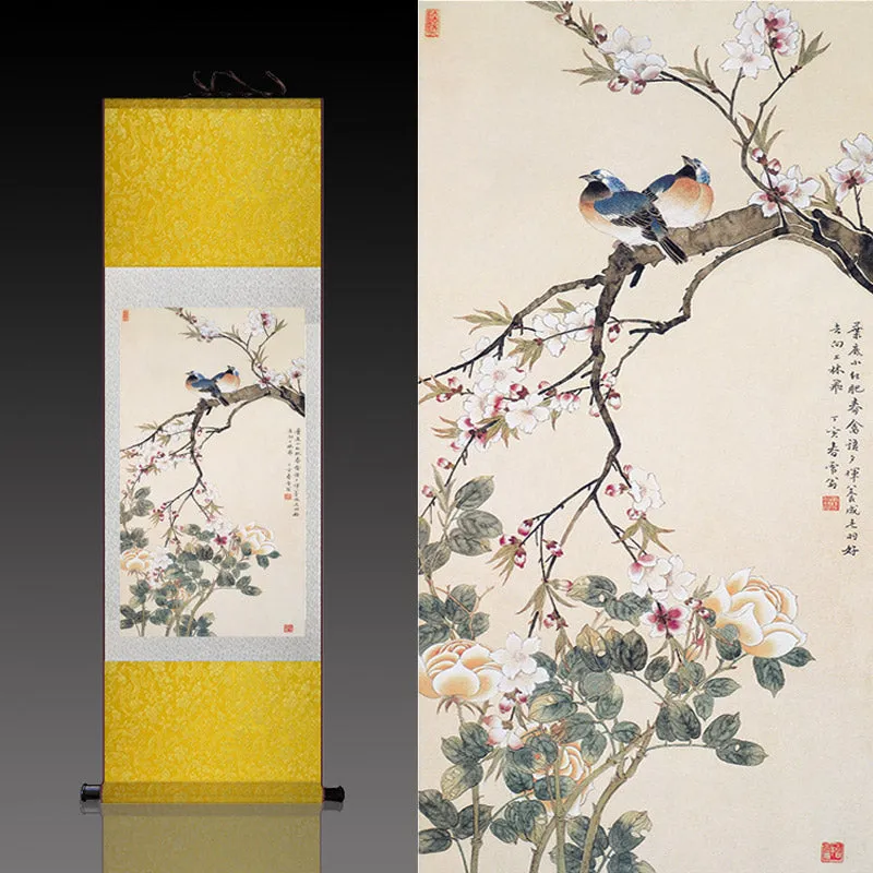 Traditional Chinese Paiting Reproduction Flower and Bird「Peace and Prosperity」Silk Scroll Hanging Painting Wall Decoration Art