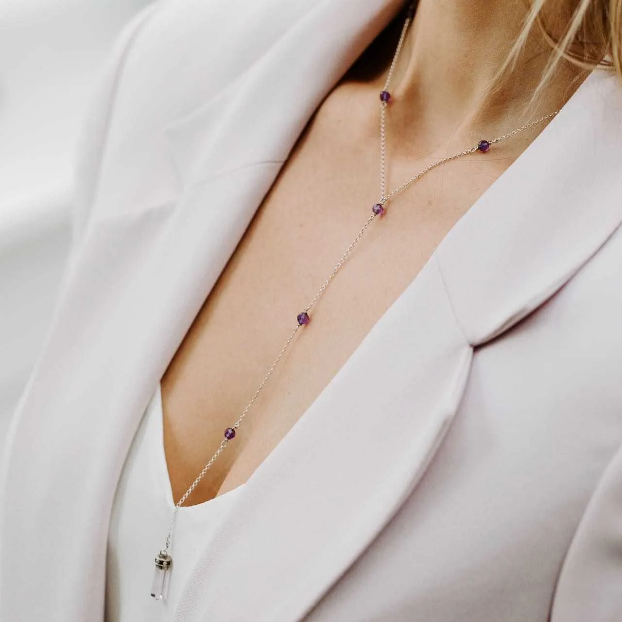 True Clarity Tie Necklace with Natural Amethyst and Sterling Silver