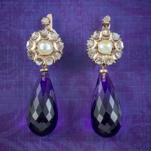 Vintage Amethyst Pearl Diamond Drop Earrings 14ct Gold