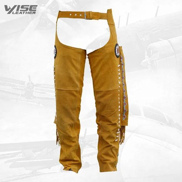 Western Leather Indian Chaps Pants in Ocher for Carnival and Fasching