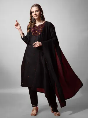 Womens Black Embroidered Cotton Blend Kurta Pant Set With Dupatta