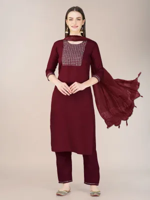 Womens Embroidered Maroon Cotton Blend Kurta Pant Set