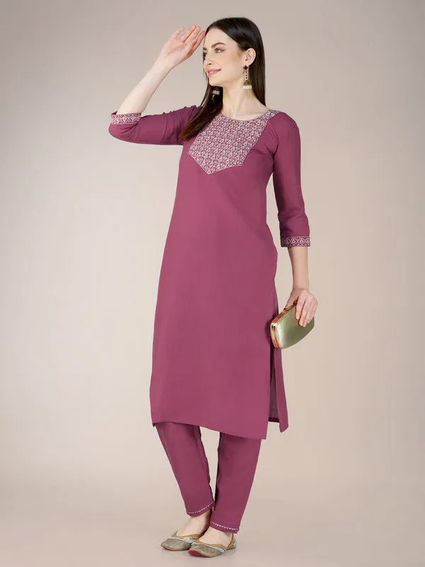 Womens Embroidered Wine Cotton Blend Kurta Pant Set