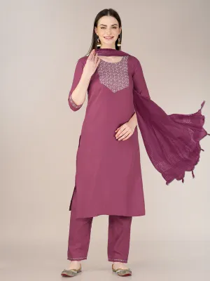 Womens Embroidered Wine Cotton Blend Kurta Pant Set