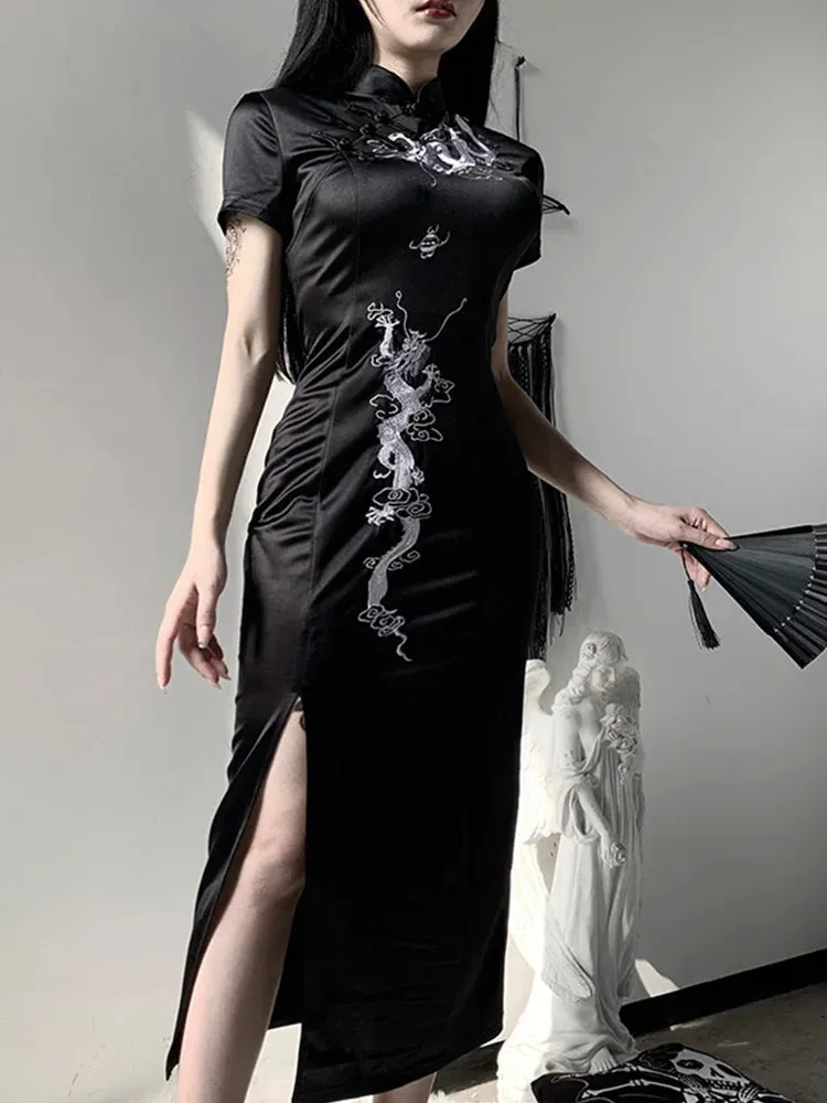 Women's Evening Qipao Side Cheongsam Slit Stand Retro Dragon Embroidery Collar Frock