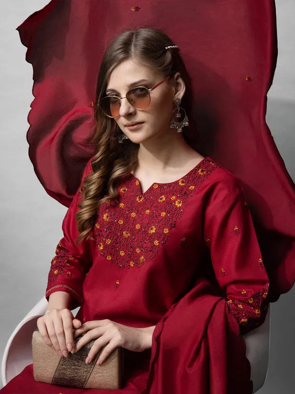 Womens Maroon Embroidered Cotton Blend Kurta Pant Set With Dupatta