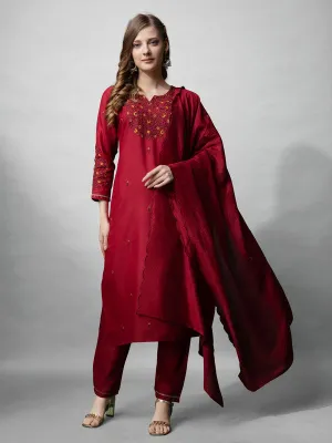 Womens Maroon Embroidered Cotton Blend Kurta Pant Set With Dupatta