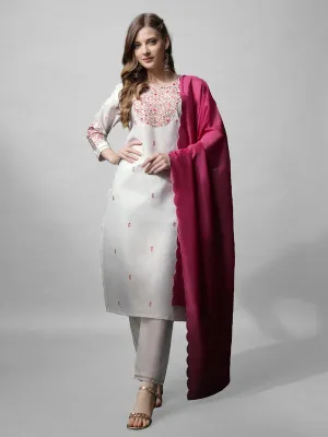 Womens White Embroidered Cotton Blend Kurta Pant Set With Dupatta